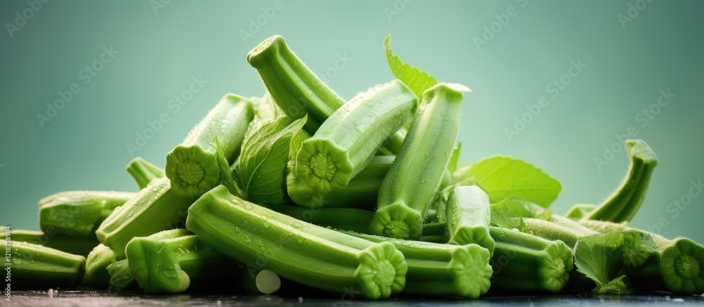 Poster fresh vibrant green celery stalks piled against a soft gradient mint background with delicate green 