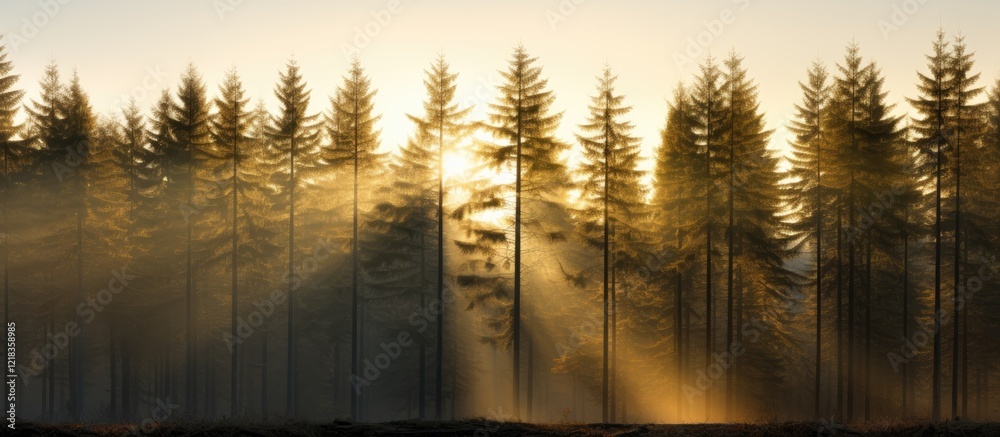 Poster sunlit spruce trees in cool autumn hues create a serene forest landscape with soft golden light filt