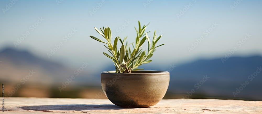 Aufkleber olive tree in a stylish gray pottery bowl with green leaves centered against a soft blurred backgrou