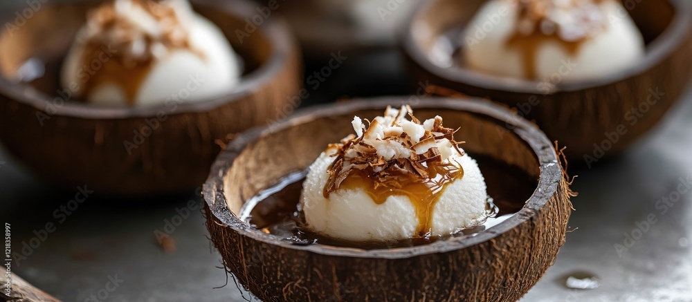 Poster coconut ice cream scoops in brown coconut shells with dark syrup and toasted coconut flakes on grey 