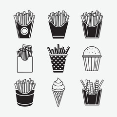 French Fries Outline Icon Set – Vector Icons in Black on White Background