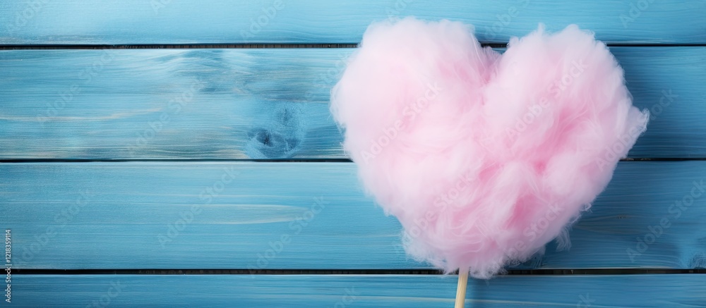 Poster heart-shaped pink cotton candy placed on a light blue wooden background with ample negative space fo