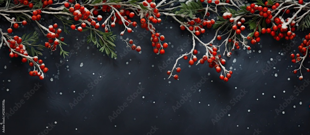 Poster winter scene featuring snow-covered branches with red berries, set against a dark background, creati