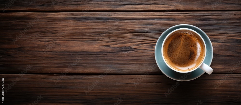 Poster aerial view of a gray cup of espresso on dark wooden surface with rich coffee color filling the cup 