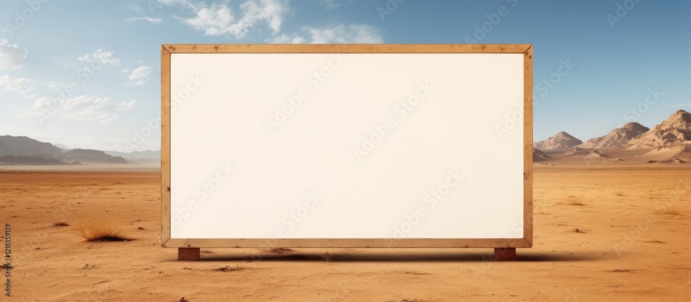 Poster blank wooden message board in a vast desert landscape under a blue sky with scattered clouds, provid