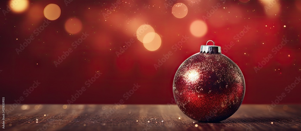 Poster a beautifully lit red christmas ornament on a wooden table with a blurred festive backdrop and soft 