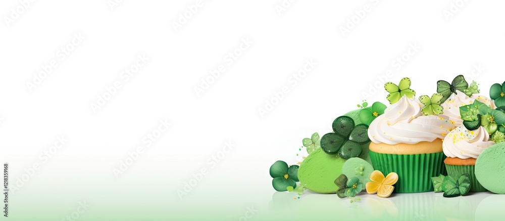 Poster colorful st. patrick's day cupcakes with green frosting and shamrock decorations on a light gradient