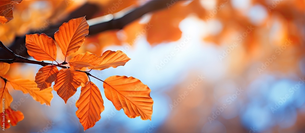 Poster vibrant orange autumn leaves with soft blue and blurred background, showcasing intricate leaf detail