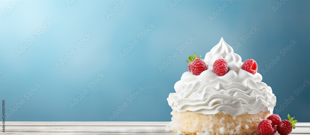Poster fluffy vanilla cupcake topped with whipped cream and fresh strawberries on a wooden surface against 