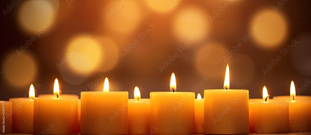 Poster Softly glowing yellow candles arranged in a row with warm bokeh background, creating an inviting atmosphere perfect for the Advent and Christmas season.