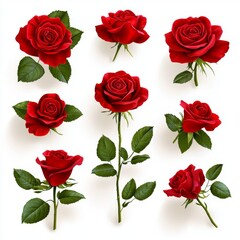 Collection of Beautiful Red Roses with Green Leaves on White Background for Floral Design and Decoration Projects