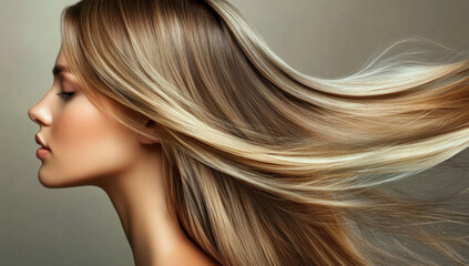 Fototapeta premium Beautiful woman with long, straight, shiny blonde hair, showcasing elegance and grace in soft, neutral background. flowing hair adds dynamic touch to serene portrait