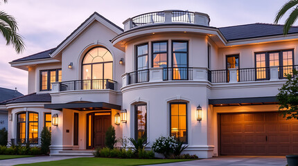 Obraz premium Luxury Modern Home Exterior at Dusk: Elegant Villa Design, Real Estate Photography