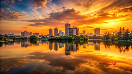 Fototapeta premium Breathtaking view of cityscape at sunset with buildings and trees reflected in a calm lake, set against a warm orange sky , urban scenery, cityscape