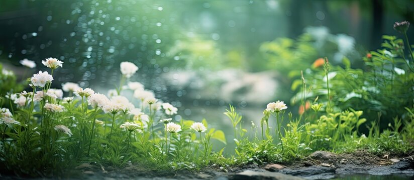 Lush garden scenery featuring vibrant green plants and soft white flowers in the foreground with a dreamy blurred background of greenery and soft light