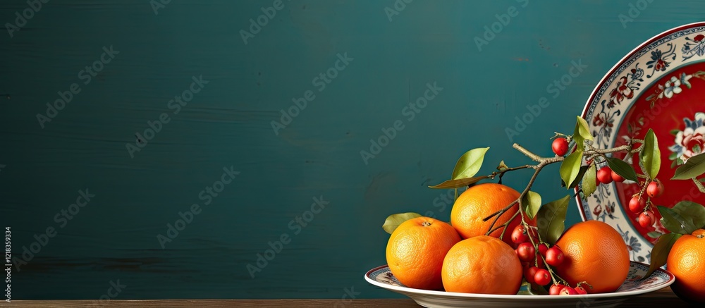Poster vintage plate displaying vibrant tangerines and red oranges on a dark teal background with green lea