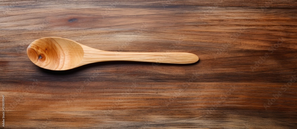 Leinwandbilder aerial view of a single wooden spoon on a textured dark wooden table with ample negative space for t