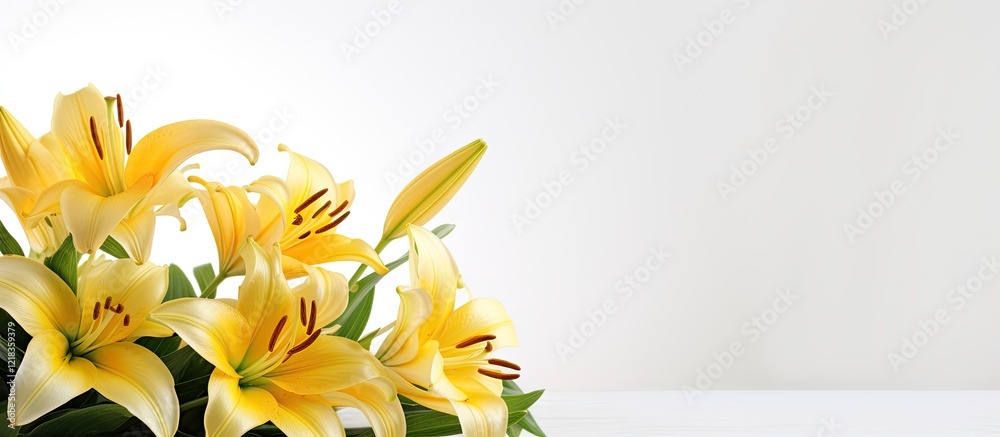Poster Fresh yellow lilies arranged on the left side of a white background creating a stunning copy space for text or design elements.