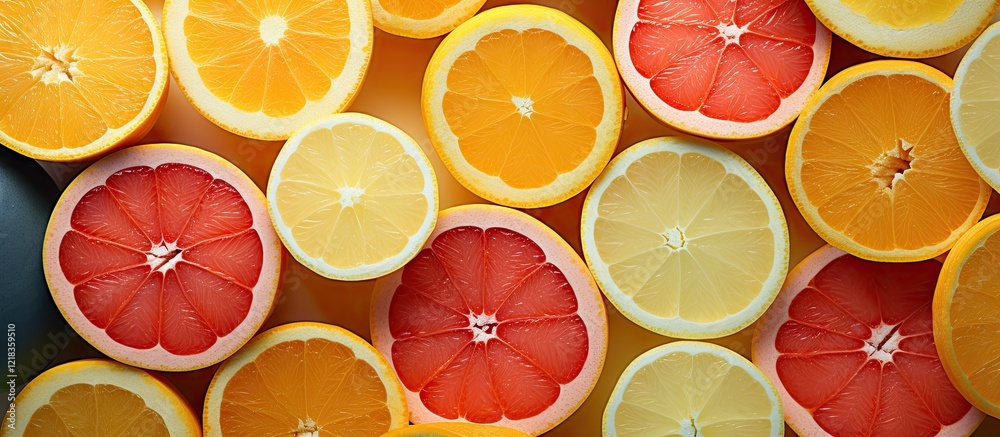 Poster vibrant assortment of sliced oranges and grapefruits with rich orange and yellow hues layered over a