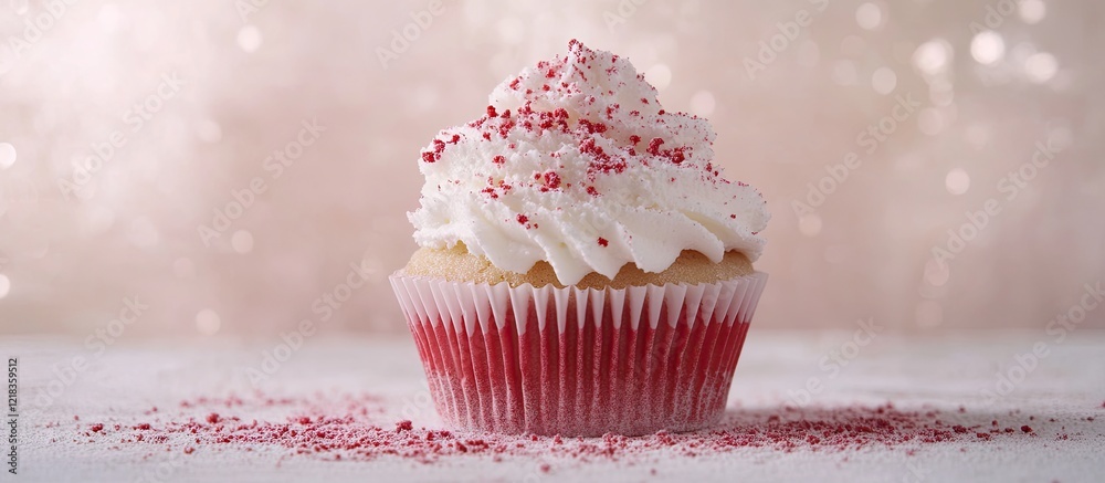 Poster delicious cupcake with red and white frosting topped with sprinkles on a light pink blurred backgrou