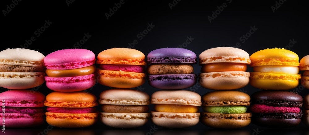 Poster vibrant pastel macarons stacked on a sleek black background showcasing a colorful dessert arrangemen