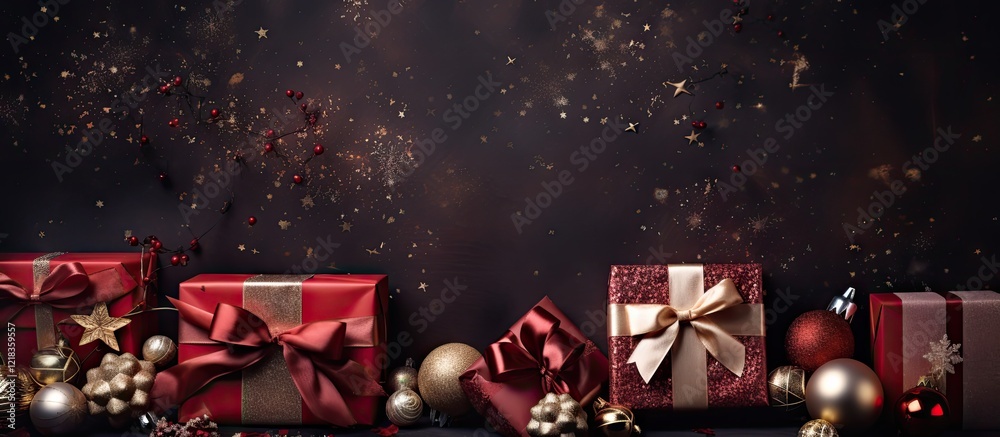 Poster elegant flat lay of red christmas gift boxes with gold ribbons on a dark background adorned with shi