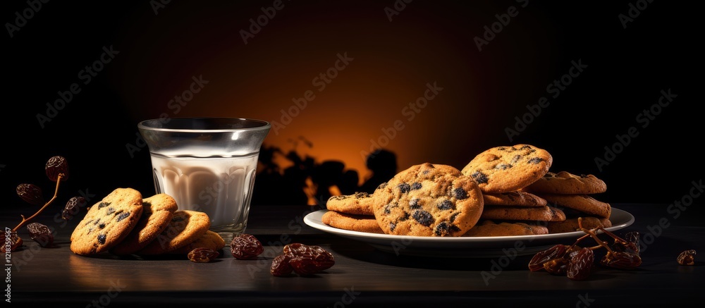Poster raisin cookies arranged on a wooden table with dark background and glass of milk; warm tones of brow