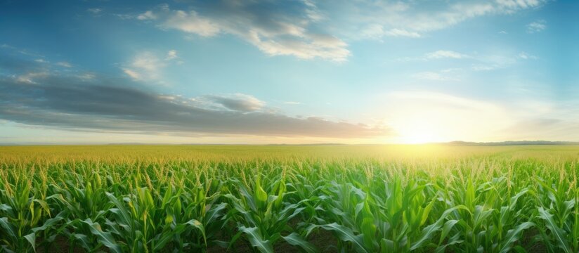 Lush green cornfield stretching towards the horizon under a bright blue sky with fluffy clouds and a warm golden sunrise in the background - Powered by Adobe