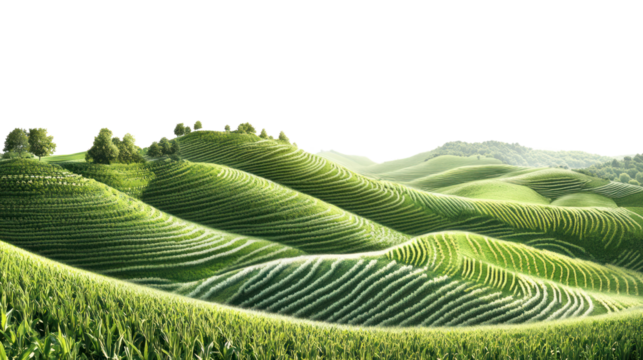 Lush green rolling hills with agricultural terraces under a clear blue sky, showcasing the beauty of rural landscapes.