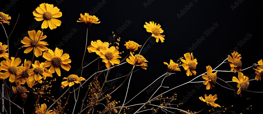 Aufkleber vibrant yellow dried flowers arranged on the left against a black background with ample copy space o