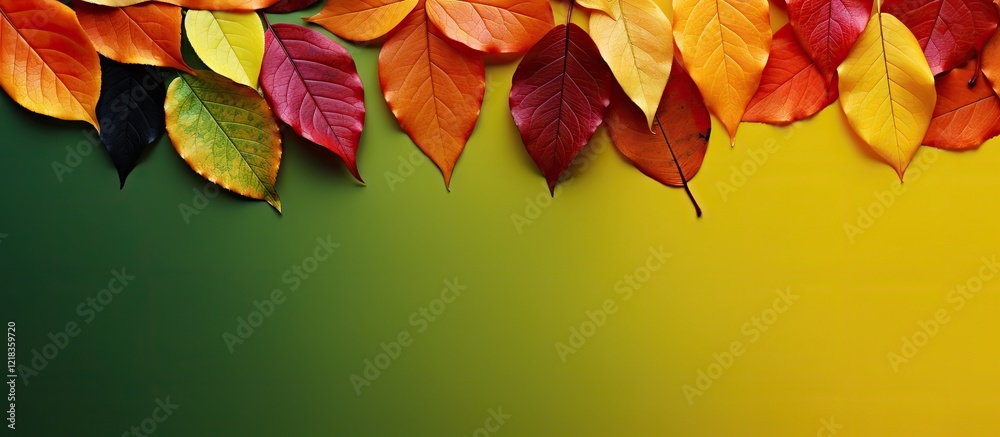 Poster vibrant autumn leaves in red yellow and orange arranged at the top against a smooth green to yellow 