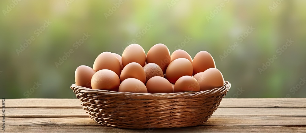 Aufkleber a rustic brown basket filled with fresh organic chicken eggs positioned center on a wooden surface w