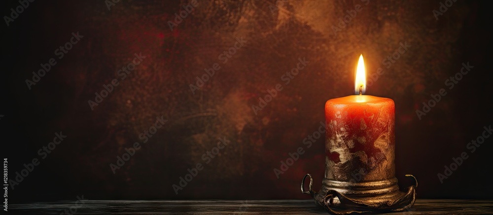 Poster candle illuminated in dark setting with warm orange light on textured brown background creating a co