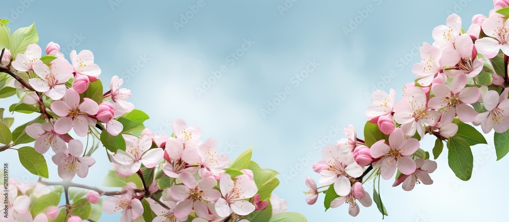 Aufkleber Delicate pink cherry blossom branches on a soft blue background with light clouds creating a serene and fresh spring atmosphere.