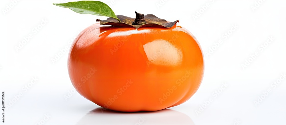 Aufkleber vibrant orange persimmon with a green leaf resting on a bright white surface ideal for text placemen
