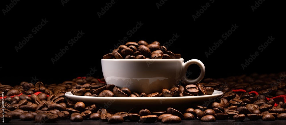 Poster white cup and saucer filled with dark coffee beans positioned in the center of a black background wi