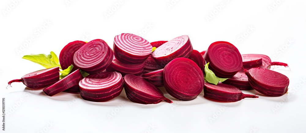 Poster freshly sliced vibrant red beets arranged artistically on a clean white background with green leaves