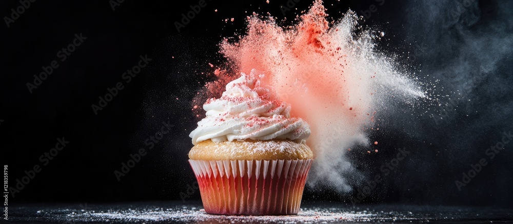 Poster crispy cupcake case adorned with swirls of white frosting and exploding red and pink powder, set aga