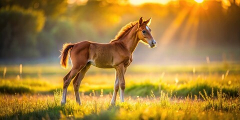 Naklejka premium Brown colt, sunlit meadow, long exposure photography reveals tranquil beauty.