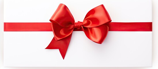 Blank white gift card adorned with a vibrant red bow and ribbon, centered on a clean white background, ideal for personalized messages or presentations.