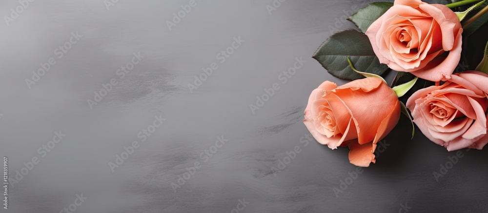 Poster fresh peach roses with green leaves arranged on a textured gray background providing ample copy spac