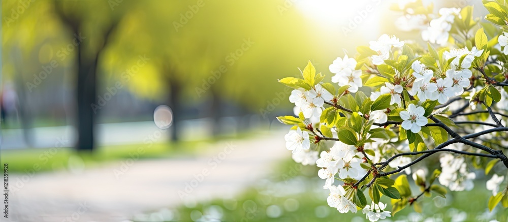 Poster blossoming white flowers in the foreground with a soft green bokeh background of sunlit trees in a v
