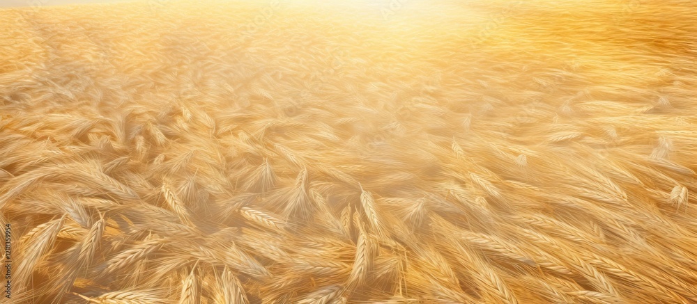 Poster golden hour light bathes a vast golden field of wheat during harvest time with soft glowing hues cre