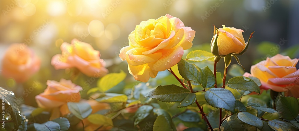 Aufkleber Vibrant golden yellow English roses in a sunlit garden setting with soft bokeh background and ample copy space for text or design elements.
