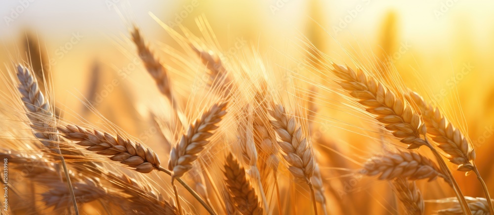 Poster Golden wheat ears illuminate a sunlit field with soft bokeh background showcasing warm yellow and orange hues for summer harvest season.