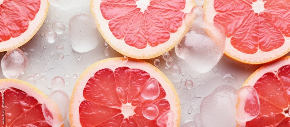 Aufkleber Top down view of bright pink grapefruit slices surrounded by ice cubes on a light background with water droplets and ample copy space for text
