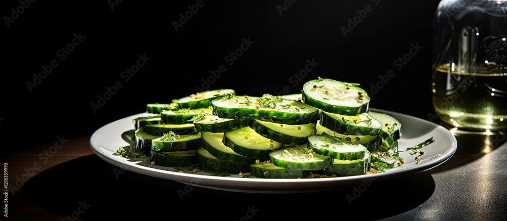 Poster Cucumber pickles artfully arranged on a white plate against a dark background with subtle highlights and a hint of olive oil in the backdrop