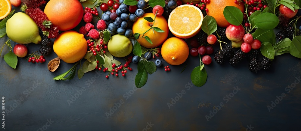 Poster vibrant arrangement of assorted fruits like oranges, apples, and berries with lush green leaves on a