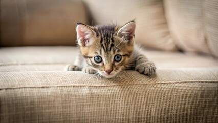 A curious kitten's tiny paws dig into the soft fabric of a sofa, leaving scratches and marks as it plays , scratching, animal
