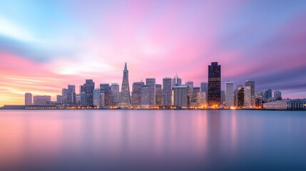Fototapeta premium a brilliant cityscape at twilight, with the skyline illuminated by thousands of lights